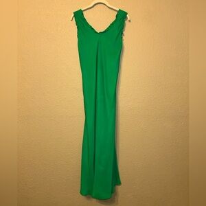 TIBI RUFFLE-TRIMMED WASHED-SATIN MIDI DRESS IN GREEN Size 4